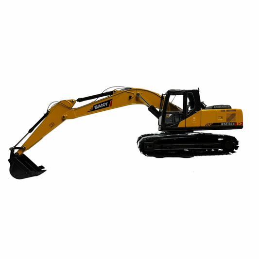 Miniatura escavadeira Sany SY215C. Miniatura detalhada de uma escavadeira hidráulica na cor amarela com detalhes em preto. Apresenta esteiras largas e cabine com acabamento escuro, destacando o braço longo e o balde robusto.